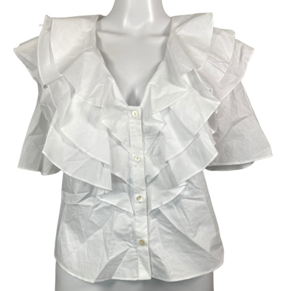 NWT Autumn Adeigbo Shirt‎ Womens Sz 6 White V-Neck Layered Ruffle Button Up Top - Picture 1 of 11
